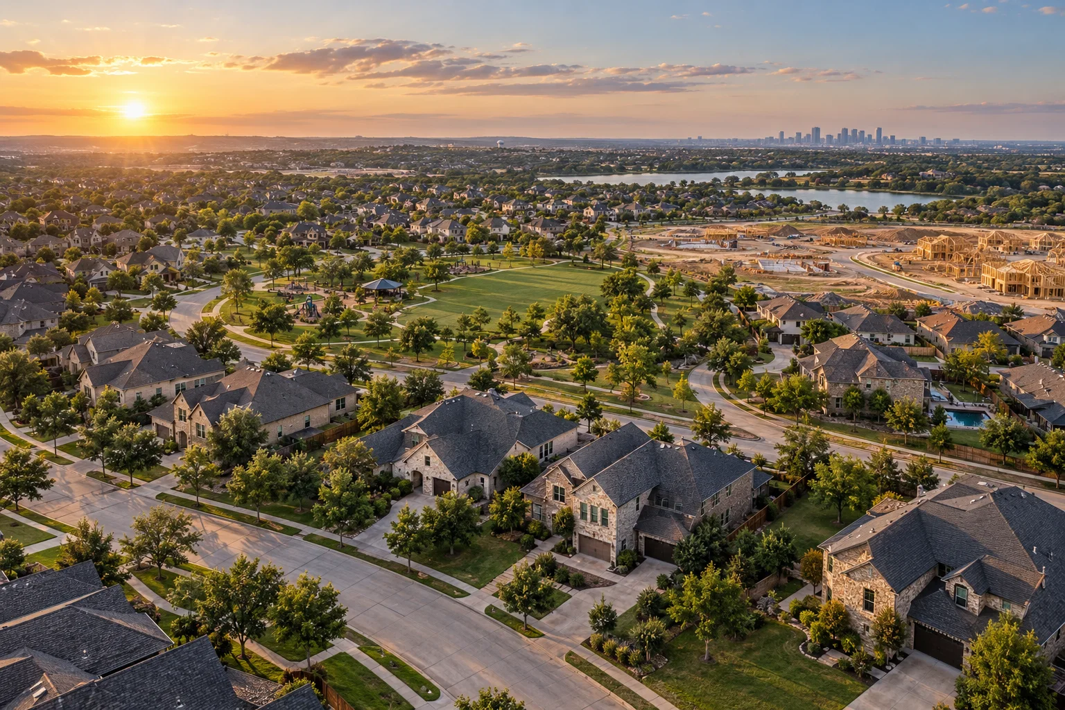 Aerial illustration of a Texas-inspired neighborhood with homes, trees, a park, and new construction